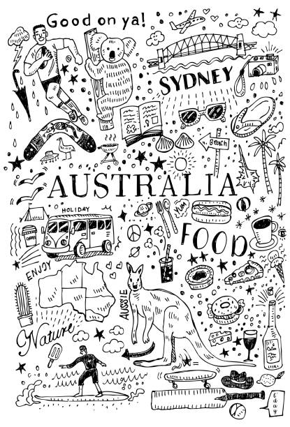 illustrazioni stock, clip art, cartoni animati e icone di tendenza di doodle australia disegnato a mano, stile di schizzo, illustrazione vettoriale - kangaroo animal australia outback