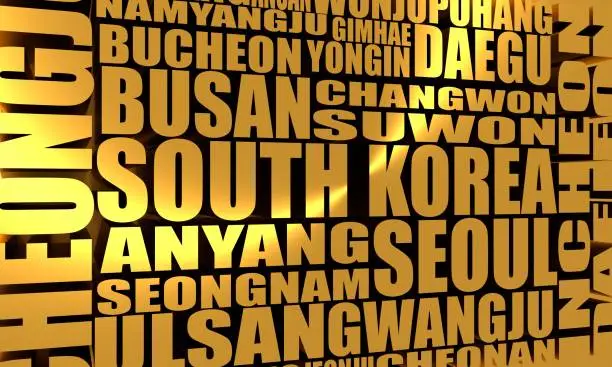 List of cities and towns of South Korea. Word cloud collage. Business and travel concept background. 3D rendering