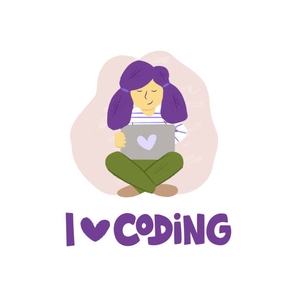 Children Coding lettering Children programming concept with hand drawn purple lettering. Girl coding behind the laptop. I love coding quote. Vector illustration isolated on white background girls coding stock illustrations