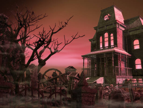 유령의 무서운 저택 묘지 할로윈 밤 - haunted house 뉴스 사진 이미지