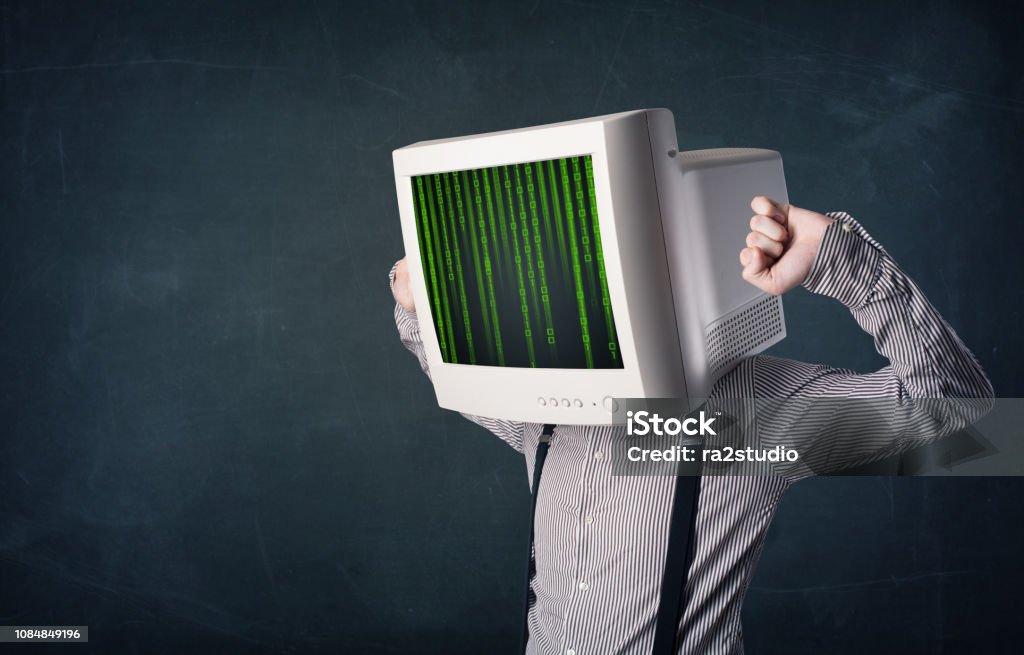 Cyber Human With A Monitor Screen And Computer Code On The Display ...