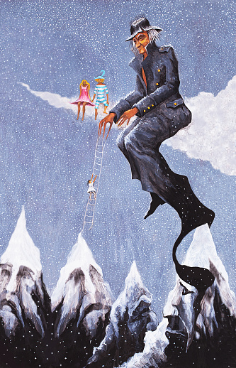 Fashionable illustration modern work of art my original painting winter festive fantastic landscape with people sitting on the clouds and snow-capped mountain peaks climbers and skiers against the sky of falling snow and snowflakes