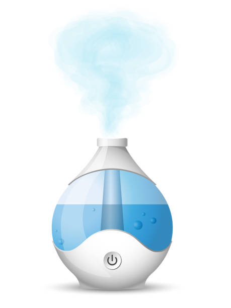 ilustraciones, imágenes clip art, dibujos animados e iconos de stock de humidificador con vapor saliente - humidifier steam home interior appliance