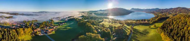 Lake Tergernsee Aerial View in Autumn with Fog and the European Alps in the Background
