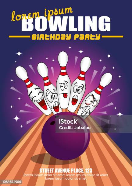 Bowling Birthday Party Cartoon Invitation Poster Template Stock Illustration - Download Image Now