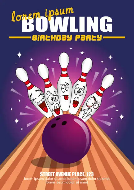 Vector illustration of Bowling Birthday Party Cartoon Invitation Poster Template