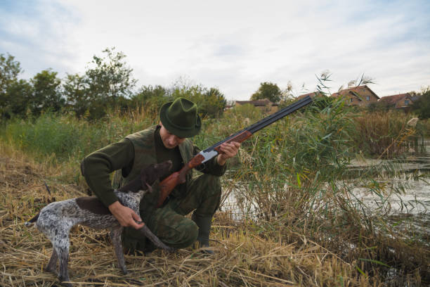 cazador con rifle escopeta y perro de caza - rifle shotgun hunting camouflage fotografías e imágenes de stock