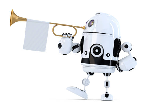 robot es la trompeta con la bandera blanca en blanco. ilustración 3d. aislado. contiene el trazado de recorte - announcement message robot public speaker message fotografías e imágenes de stock