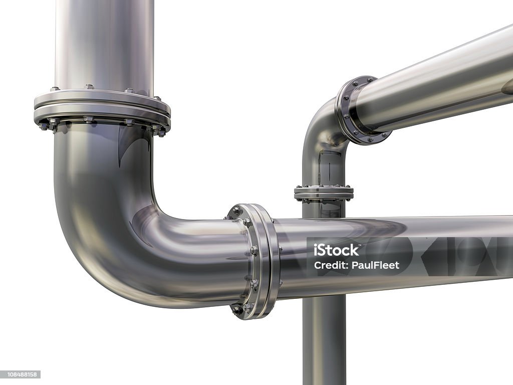 Silver pipelines against white background Illustration of two industrial pipes crossing each other Angle Stock Photo