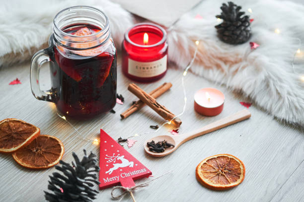 istock Christmas composition with glass of hot mulled wine 1084882530