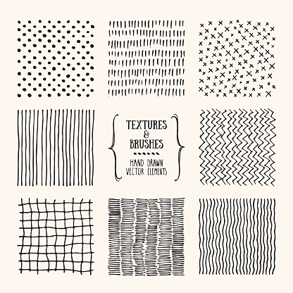 Hand drawn textures and brushes. Artistic collection of square design elements, graphic patterns, geometric ornaments, abstract lines made with ink. Isolated vector set.