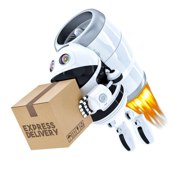 Rocket Delivery Robot flying with package. Isolated. Contains clipping path