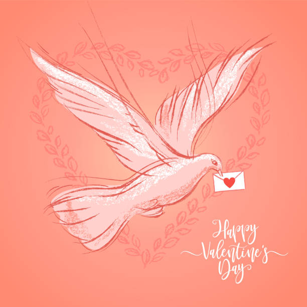 istock Valentines Day postcard with dove on coral color background. Vector illustration, design element for congratulation cards, print, banners and others 1084886848