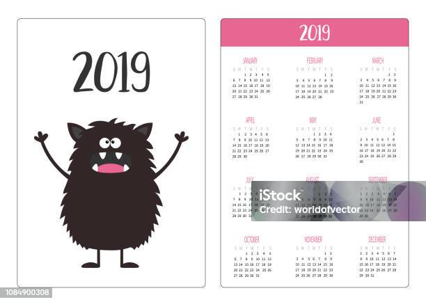 Pocket Calendar 2019 Year Week Starts Sunday Black Monster Icon Cute Funny Cartoon Kawaii Baby Character White Background Flat Design Stock Illustration - Download Image Now - iStock Pocket Calendar 2019 Year Week Starts Sunday Black Monster Icon Cute Funny Cartoon Kawaii Baby Character White Background Flat Design Stock Illustration - Download Image Now - iStock
