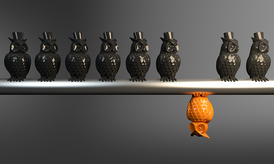 Different point of view, an orange colored owl standing out from the crowd. ( 3d render )