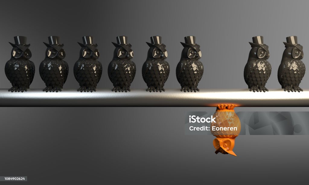 Different Point Of View Different point of view, an orange colored owl standing out from the crowd. ( 3d render ) Point of View Stock Photo