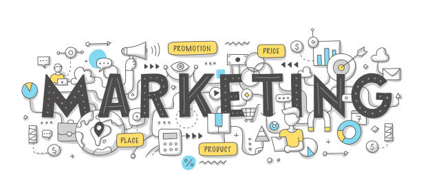 Marketing Word Doodle Concept Marketing concept with hand written word lettering. Marketing mix 4P: product, price, place and promotion. Doodle illustration for web banner, hero image and printing material marketing stock illustrations