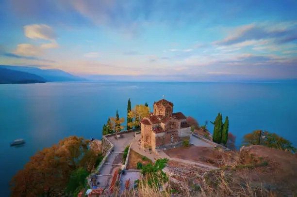 Stunning view of Saint John at Kaneo in the morning. It's a Macedonian Orthodox church situated on the cliff over Kaneo Beach overlooking Lake Ohrid in the city of Ohrid, Republic of Macedonia.