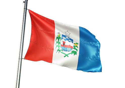 Alagoas state of Brazil flag on flagpole waving isolated on white background realistic 3d illustration