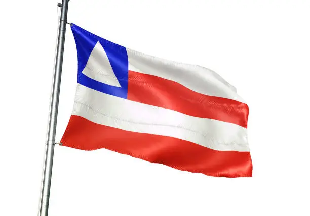 Bahia state of Brazil flag on flagpole waving isolated on white background realistic 3d illustration