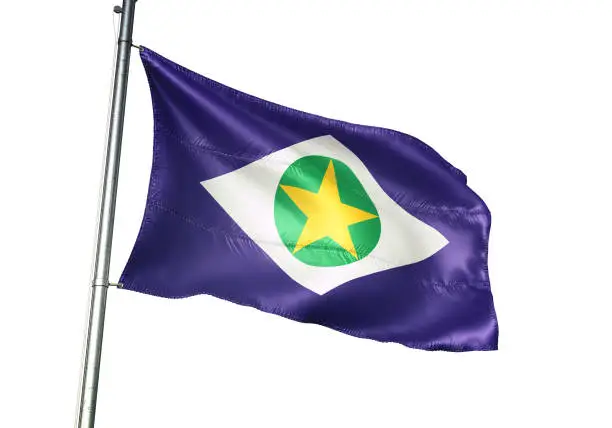 Mato Grosso state of Brazil flag on flagpole waving isolated on white background realistic 3d illustration