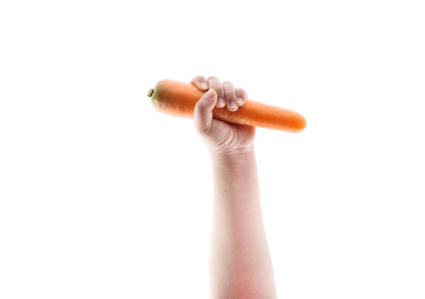 Female hand holding ripe a carrot n a white background