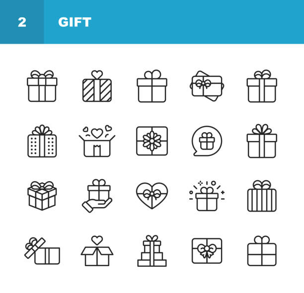 ikony linii prezentów. edytowalny obrys. pixel perfect. dla urządzeń mobilnych i sieci web. zawiera takie ikony jak gift box, christmas present, birthday present, valentine present, giving. - gift stock illustrations