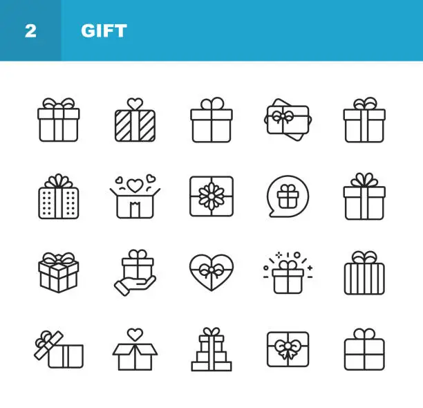 Vector illustration of Gift Line Icons. Editable Stroke. Pixel Perfect. For Mobile and Web. Contains such icons as Gift Box, Christmas Present, Birthday Present, Valentine Present, Giving.