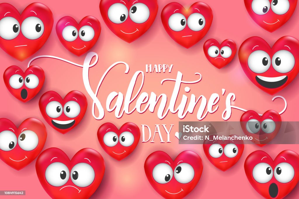 Valentines Day Card With 3d Love Emoji On Pink Background Heart Funny  Collection Happy Valentines Day Handwritten Lettering Quote Vector Stock  Illustration - Download Image Now - iStock