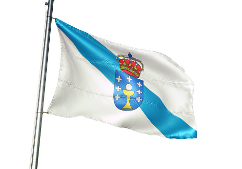 Galicia of Spain flag on flagpole waving isolated on white background realistic 3d illustration