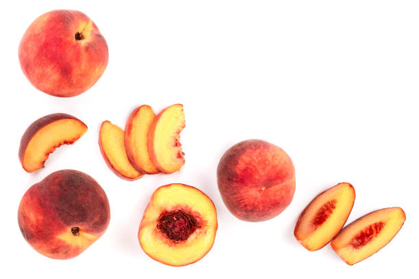 istock ripe peaches isolated on white background with copy space for your text. Top view. Flat lay pattern 1084916576