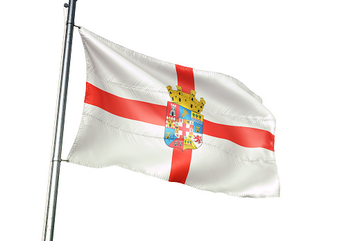 Almeria Province of Spain flag on flagpole waving isolated on white background realistic 3d illustration