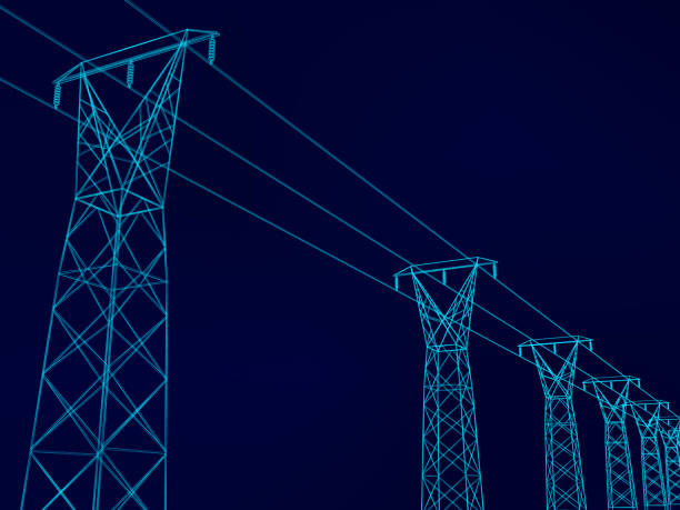 Electrical towers with wires Background with wireframe electric tower and electrical wires. Dark blue background. Vector illustration. power line illustrations stock illustrations