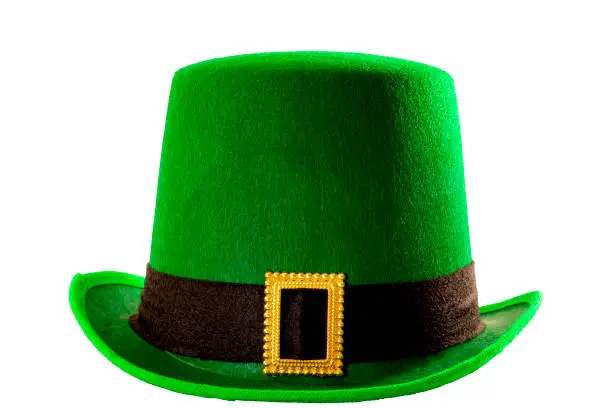 Photo of St Patricks day meme and March 17 concept with front view of a green parade hat with a belt and buckle isolated on white background with a clip path cutout