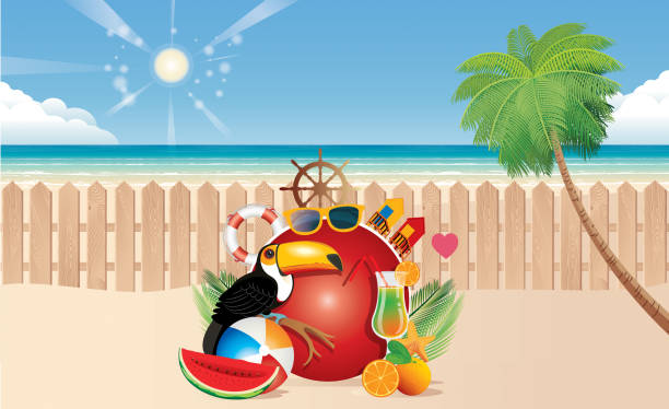 Tropical Beach and Travel and Wooden Fence Vector Tropical Beach and Travel and Wooden Fence miami beach stock illustrations