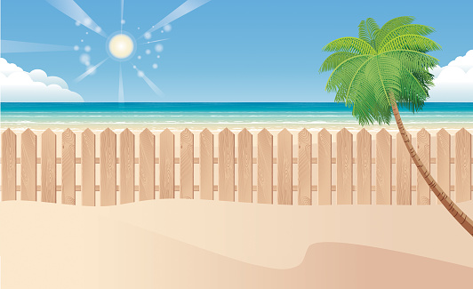 Vector Tropical Beach and Travel and Wooden Fence