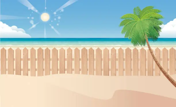 Vector illustration of Tropical Beach and Travel and Wooden Fence