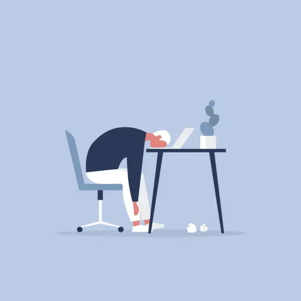 Vector illustration of Professional burnout. Young exhausted manager sitting at the office. Long working day. Millennials at work. Flat editable vector illustration, clip art