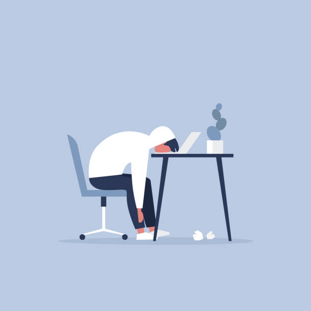 Professional burnout. Young exhausted manager sitting at the office. Long working day. Millennials at work. Flat editable vector illustration, clip art Professional burnout. Young exhausted manager sitting at the office. Long working day. Millennials at work. Flat editable vector illustration, clip art entrepreneur silhouettes stock illustrations