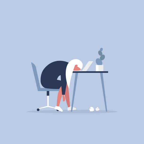 ilustrações de stock, clip art, desenhos animados e ícones de professional burnout. young exhausted female manager sitting at the office. long working day. millennials at work. flat editable vector illustration, clip art - asleep on the job