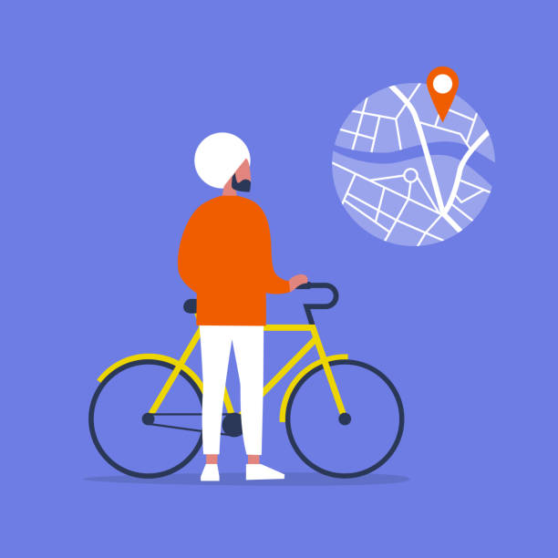 ilustrações, clipart, desenhos animados e ícones de jovem indiano personagem masculino em pé com uma bicicleta. transportes urbanos. estilo de vida saudável. usando um app de navegação mapa e geo tag. geração y e dispositivos. - india map cartoon travel