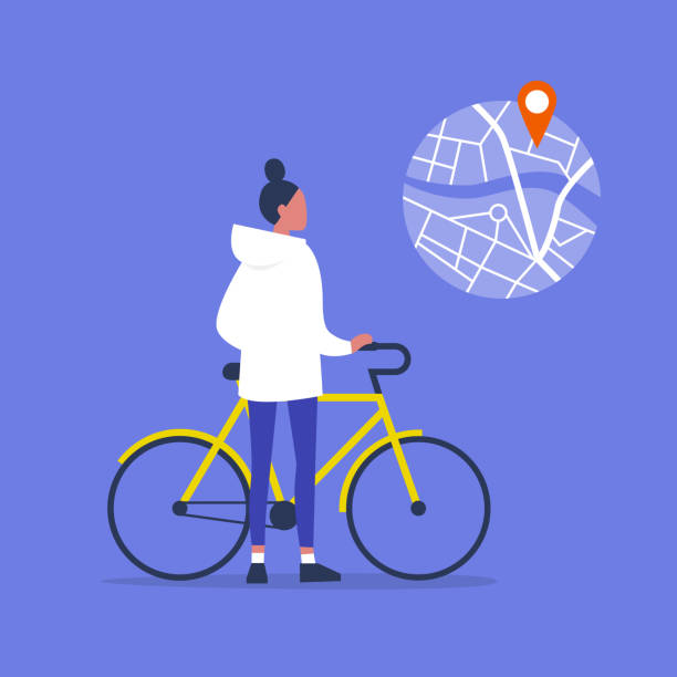 junge weibliche figur stehend mit dem fahrrad. städtischer nahverkehr. gesunde lebensweise. mit hilfe eines navigations app karte und geo-tags. millennials und geräte. - city bike illustrations stock-grafiken, -clipart, -cartoons und -symbole