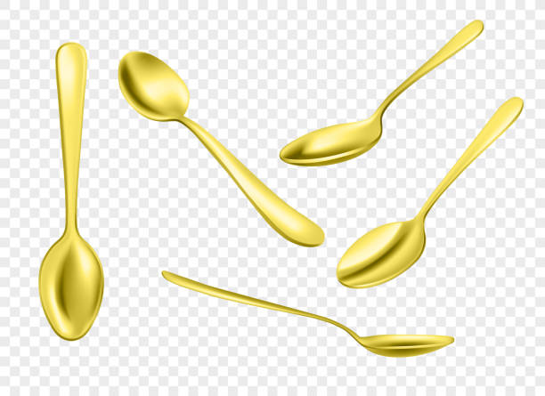 набор реалистичных золотых металлических ложек - tablespoon stock illustrations