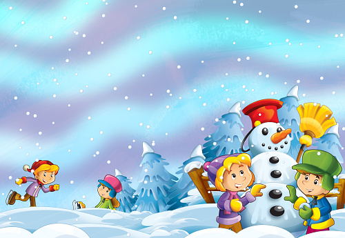 Cartoon Snow Scene With Snowman And Kids Stock Illustration - Download  Image Now - Santa Claus, Activity, Adult - iStock