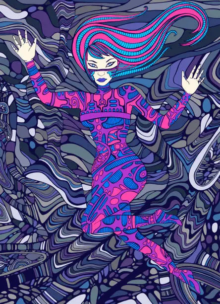 Vector illustration of Psychedelic colorful cyberpunk girl. Surreal fantasy doodle styl