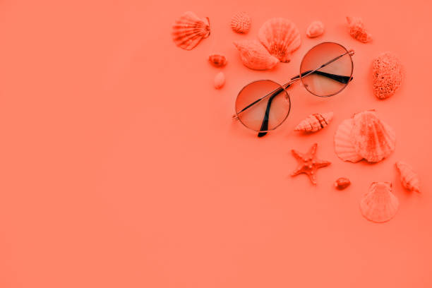 Summer fashion flatay Coral summer fashion flatlay with gradient round sunglasses. Decorated with sea shells and starfish. Perfect beach set for holidays on the sea. Marina style. shell starfish orange sea stock pictures, royalty-free photos & images