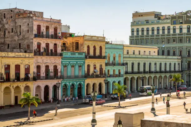 Exposure of the Paseo de Marti, in old Havana, with its colorfull buildings. Taken from the Capitolio.