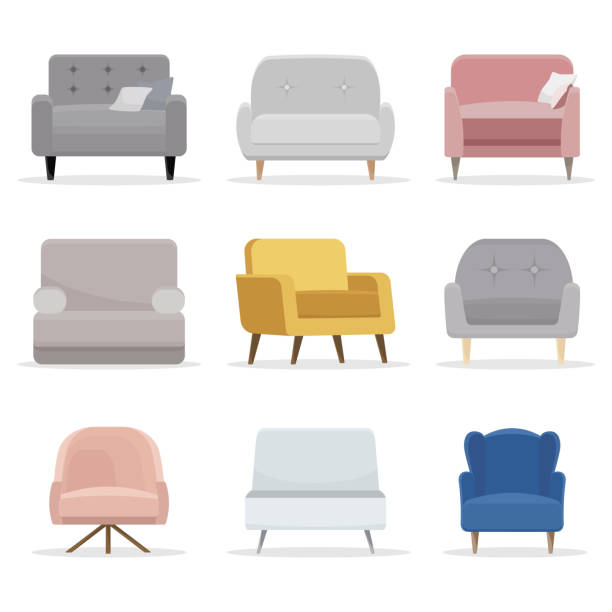 illustrazioni stock, clip art, cartoni animati e icone di tendenza di set di sedie. collezione di sedie in stile cartone animato piatto. illustrazione vettoriale - style armchair contemporary furniture