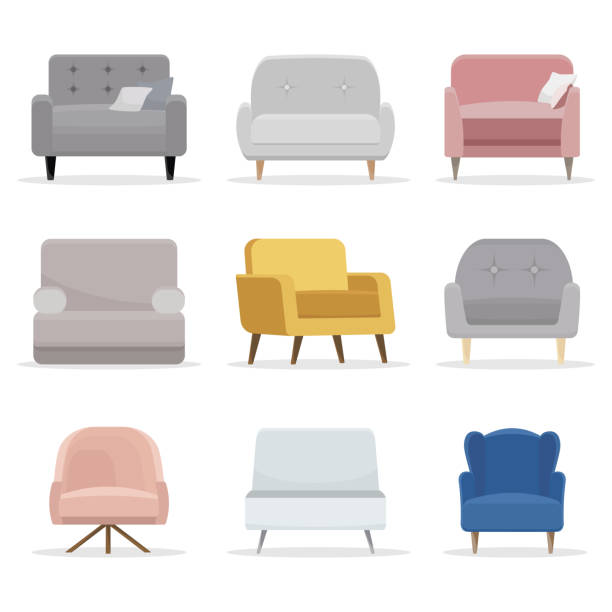 一套椅子。收集在平面卡通風格的椅子。向量例證 - couch 幅插畫檔、美工圖案、卡通及圖標