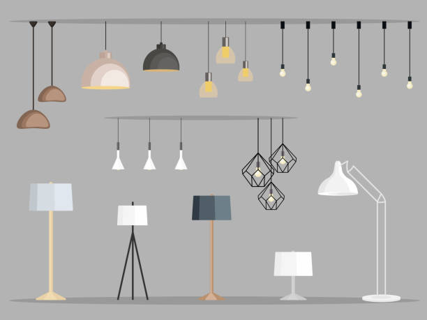 illustrations, cliparts, dessins animés et icônes de ensemble de feux. meubles lustre, plancher et table lamp en style cartoon plat. illustration vectorielle - lampe électrique